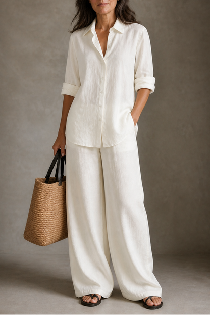 Women's Two-Piece Set – Wide-Leg, Cotton Blend, Breathable