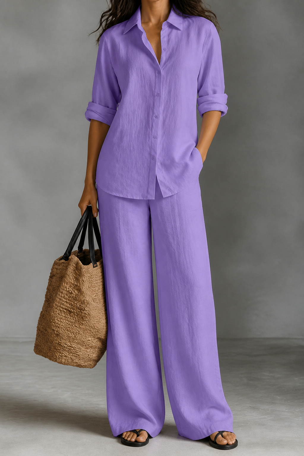 Women's Two-Piece Set – Wide-Leg, Cotton Blend, Breathable