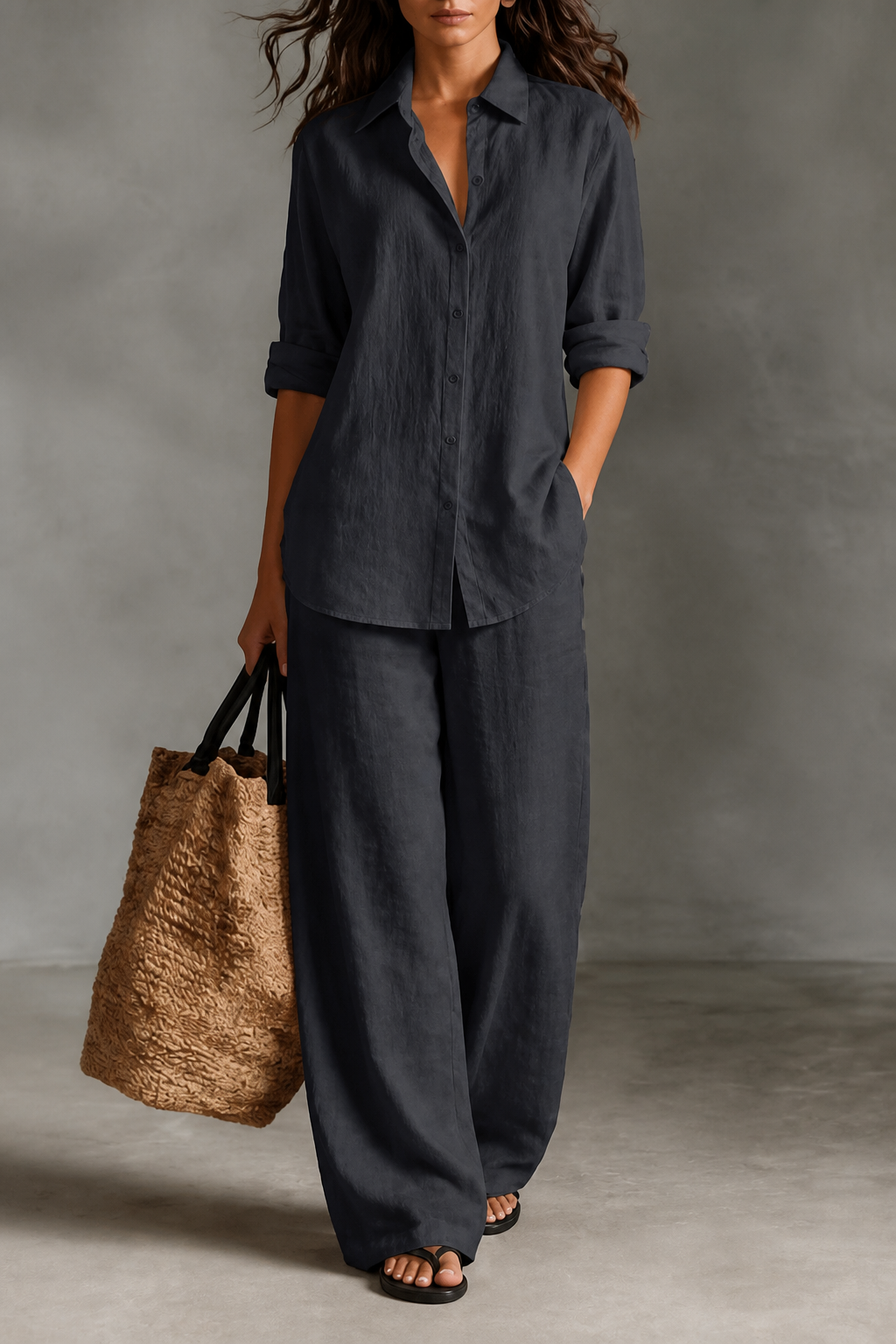 Women's Two-Piece Set – Wide-Leg, Cotton Blend, Breathable