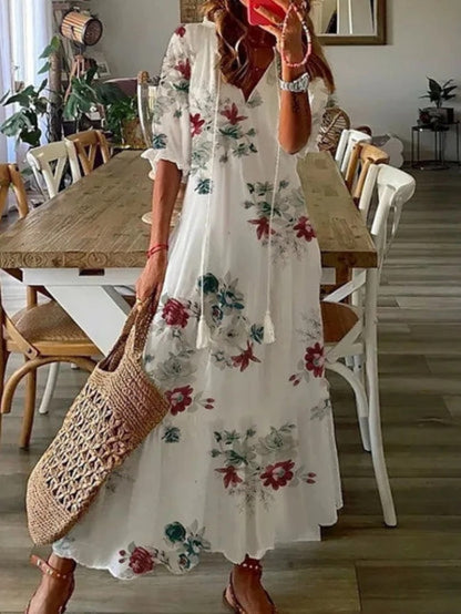 Women's Printed Maxi Dress with V Neck and Tassels