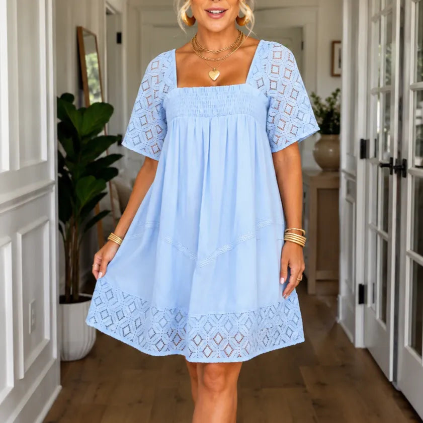 Women's Babydoll Mini Dress – Smocked, Lace Sleeves, Square Neck