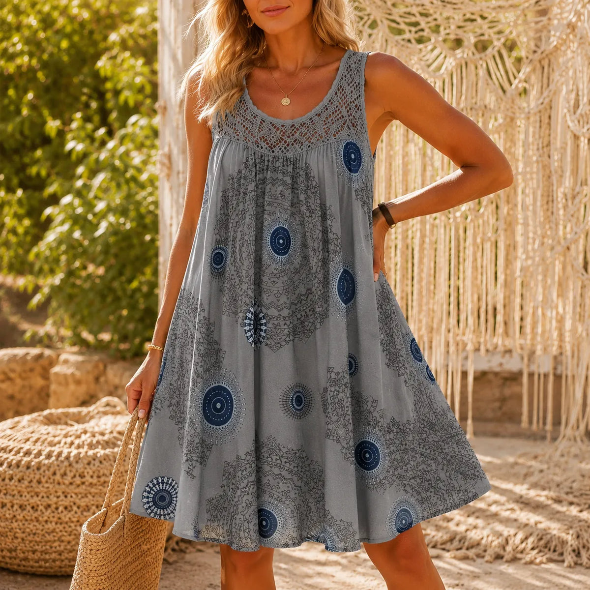 Women's Summer Mini Dress – Lace Yoke, A-Line Fit
