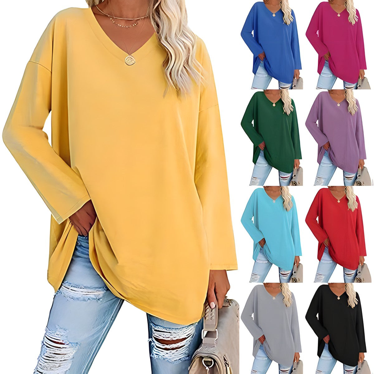 Women's Loose Tunic Top with V-Neck and Long Sleeves