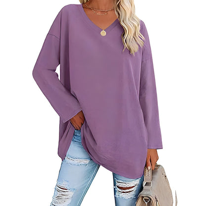 Women's Loose Tunic Top with V-Neck and Long Sleeves