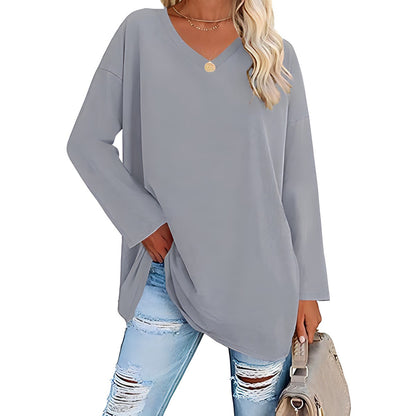 Women's Loose Tunic Top with V-Neck and Long Sleeves