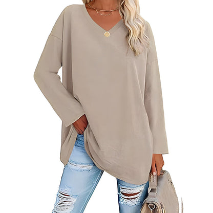 Women's Loose Tunic Top with V-Neck and Long Sleeves