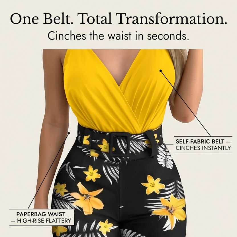 Women's Two-Piece Set – Floral, Wrap V-Neck, High-Waisted