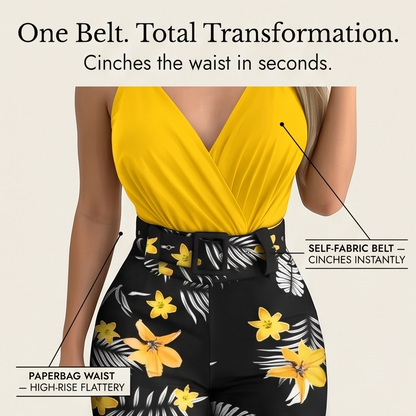 Women's Two-Piece Set – Floral, Wrap V-Neck, High-Waisted