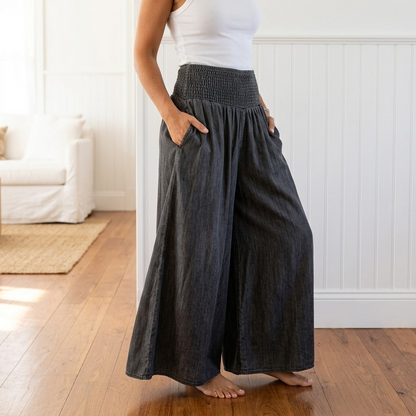 Women's Wide Leg Smocked High Waist Denim Pants