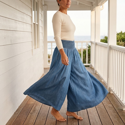 Women's Wide Leg Smocked High Waist Denim Pants