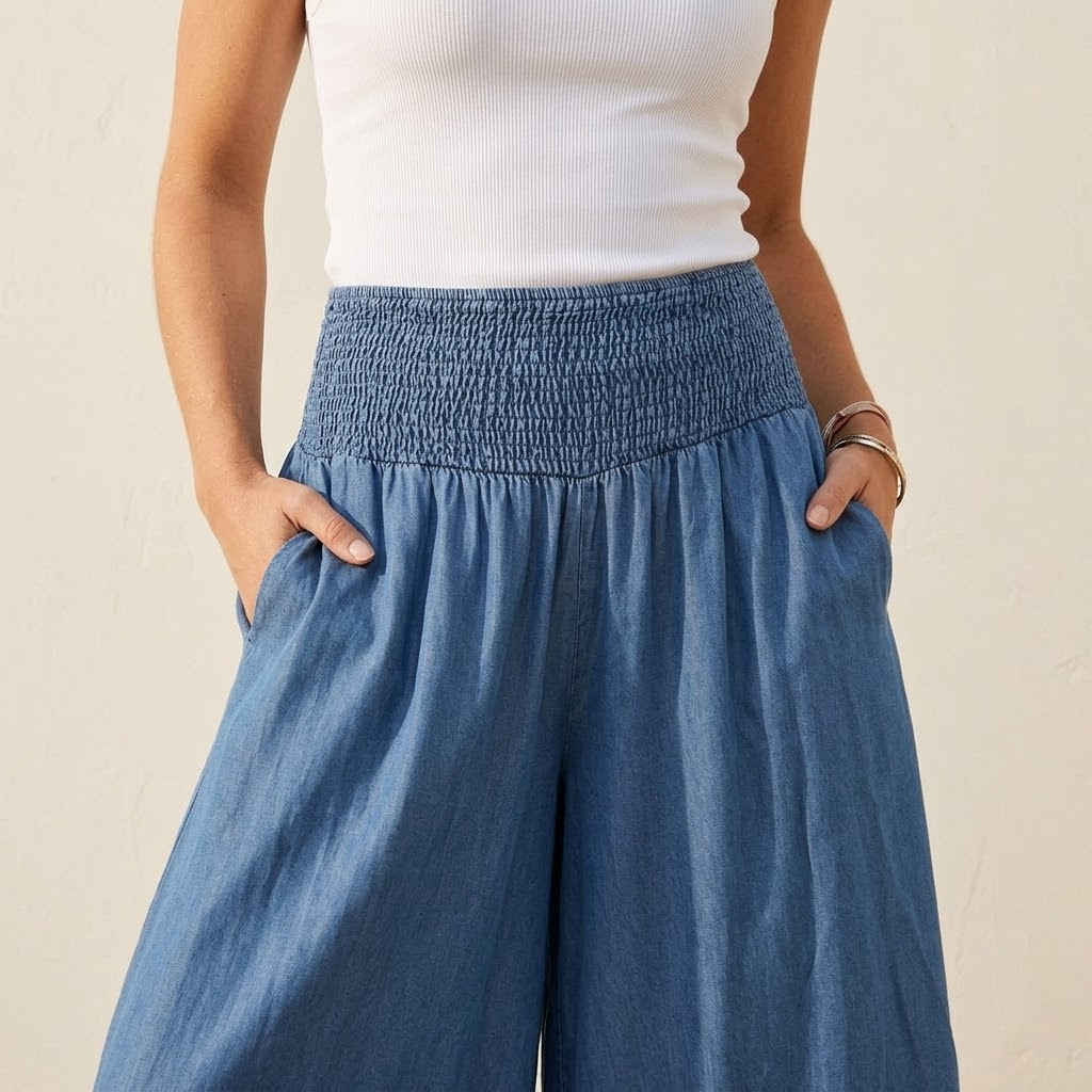 Women's Wide Leg Smocked High Waist Denim Pants